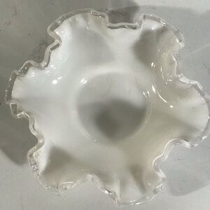 Vintage Fenton American Art Glass 6" White Bowl With  Clear Ruffled Rim